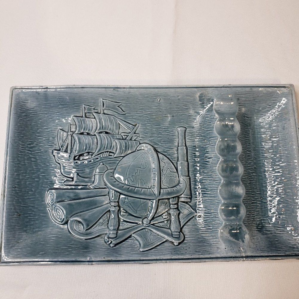 Vintage Blue Ceramic Columbus Nautical Rectangle Ashtray 10" Made in Japan RARE
